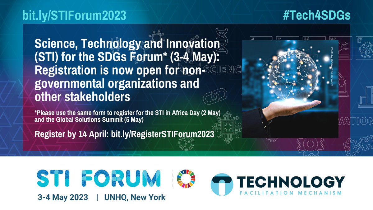 Want to join discussions on science, technology and innovation in support of the #SDGs? Register for the 2023 STI Forum, which will take place on 3-4 May: bit.ly/RegisterSTIFor… ℹ️ bit.ly/STIForum2023 #Tech4SDGs