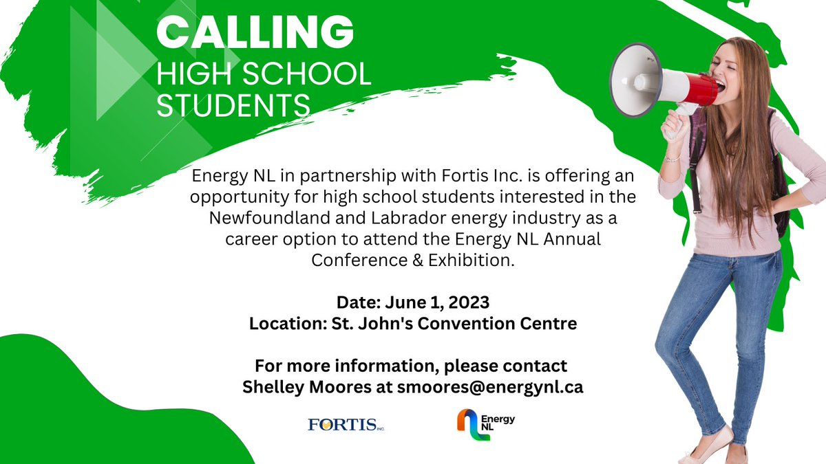 WeAreEnergyNL's tweet photo. 📣 CALLING HIGH SCHOOL STUDENTS

Energy NL in partnership with @Fortis_NA is offering an opportunity for high school students interested in the NL energy industry as a career option. 

For more information, please contact Shelley Moores at smoores@energynl.ca. 

#WeAreEnergyNL https://t.co/7Ui4EtmVtX