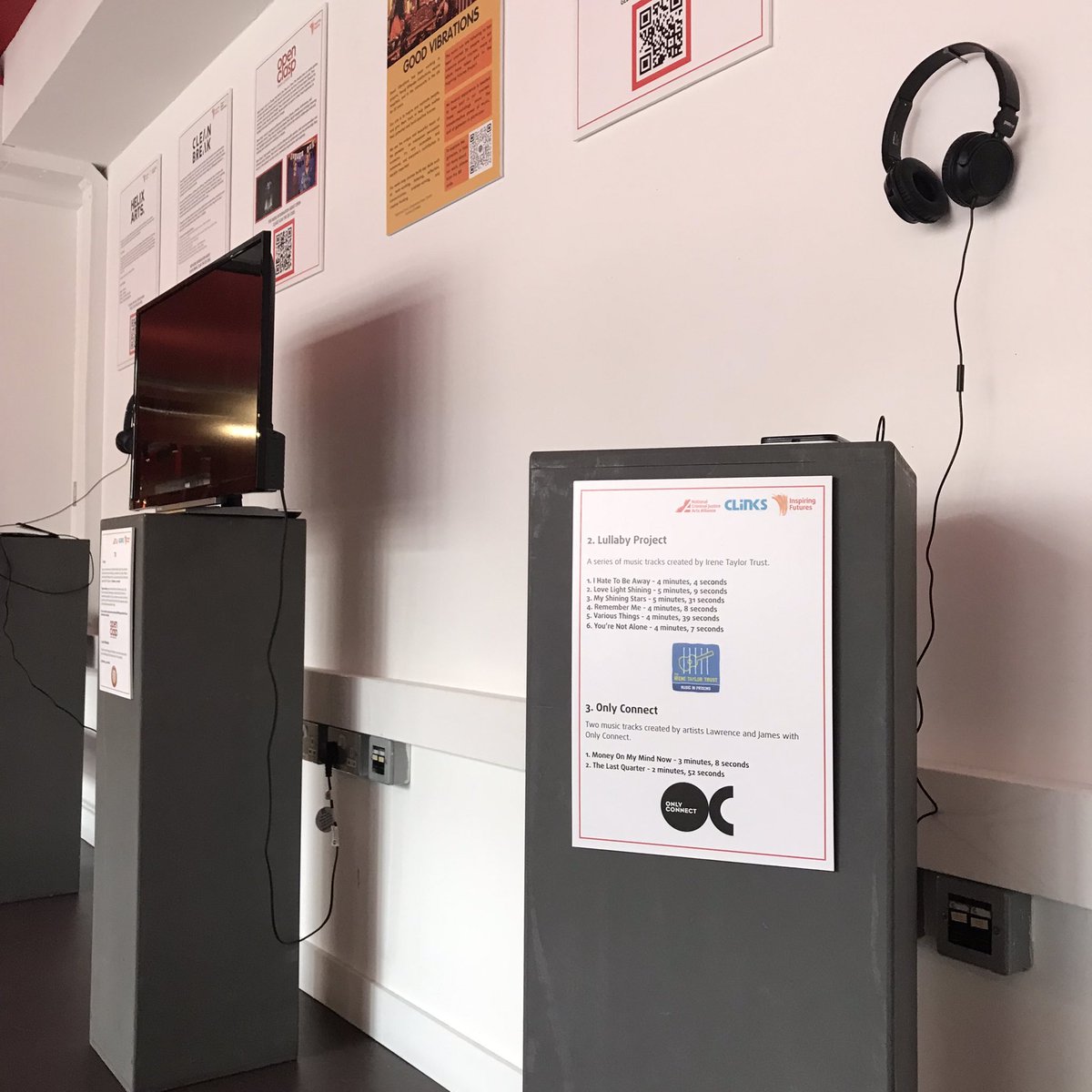 MusicinPrisons's tweet photo. 📣 Currently @RichMixLondon next to the cinema bar is a wonderful installation for @ArtsCJS @Clinks_Tweets #InspiringFutures with films, listening posts & info about some of the amazing arts orgs working in #criminaljustice - including us! #MusicInPrisons #ArtsForAll https://t.co/W4an30QI5V