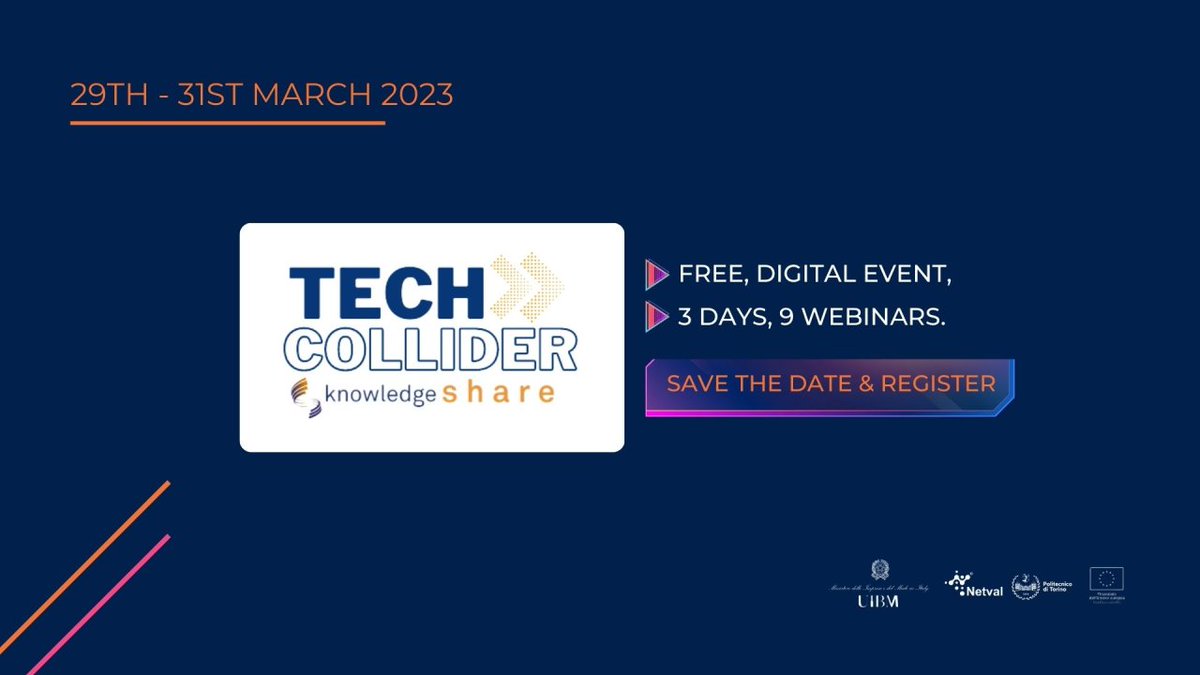 InnovUp (@innovupnet) on Twitter photo 📢 SAVE THE DATE - InnovUp x Tech Collider
🗓️ 29-31 marzo - online e in lingua inglese
Il #TechCollider organizzato da Knowledge Share, si articolerà in 3 giornate – suddivise in 9 #webinar - sul tema dei Proof of Concept.
Per info e registrazioni 👇
events.knowledge-share.eu/tech-collider-… 📢 SAVE THE DATE - InnovUp x Tech Collider
🗓️ 29-31 marzo - online e in lingua inglese
Il #TechCollider organizzato da Knowledge Share, si articolerà in 3 giornate – suddivise in 9 #webinar - sul tema dei Proof of Concept.
Per info e registrazioni 👇
events.knowledge-share.eu/tech-collider-…