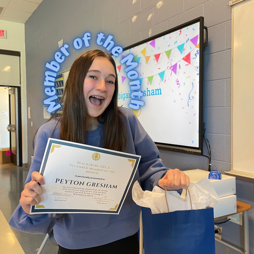 Congratulations to our Member of the Month, Abigail Gresham!! 🎉🥳👏<a href="/CatleysClasses/">Ms Catley</a> <a href="/BburgHSBruins/">Blacksburg High</a>