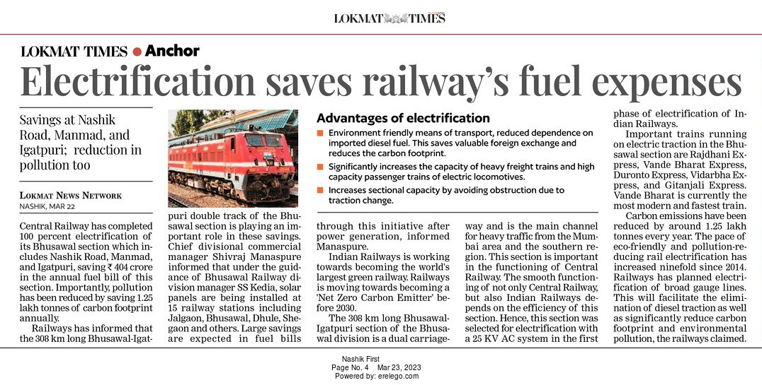funnashik's tweet photo. InfoNashik: Electrification saves railways fuel expenses;
savings at Nashik road,Manmad, and Igatpuri reduction in pollution too
@RailMinIndia
#Nashik #electrification #save_electricity #pollution https://t.co/Fx9qZ5wiZ9