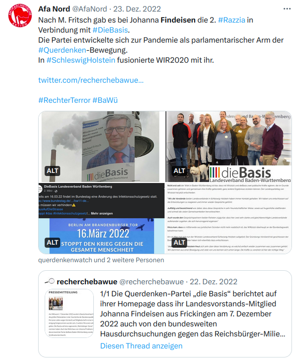 AfaNord's tweet photo. #Razzia bei #dieBasis Ralph T. Niemeyer in #München. Im Dez. wurde Johanna Findeisen in #Frickingen durchsucht. Basis-Anhänger leugneten die Corona-Pandemie & wollten als parlamentarischer Arm des #Querdenken- Milieus das polit. System ersetzen.
https://t.co/SffvysD9xs
#NoNazis https://t.co/Ph4gvgCsoj