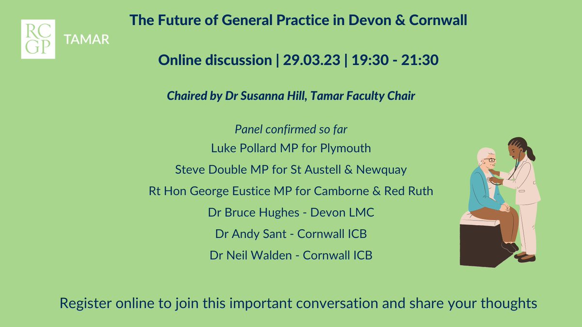 RCGP Tamar Faculty (@tamarfaculty) on Twitter photo Join the conversation about the Future of General Practice in Devon and Cornwall with local MPs and ICS leads making up our panel tinyurl.com/3d73mkr3 <a href="/LukePollard/">Luke Pollard MP</a> <a href="/AndySant_NHS/">DrAndyPT</a> <a href="/MPGeorgeEustice/">GeorgeEusticeMP</a> <a href="/stevedouble/">Steve Double</a> Join the conversation about the Future of General Practice in Devon and Cornwall with local MPs and ICS leads making up our panel tinyurl.com/3d73mkr3 <a href="/LukePollard/">Luke Pollard MP</a> <a href="/AndySant_NHS/">DrAndyPT</a> <a href="/MPGeorgeEustice/">GeorgeEusticeMP</a> <a href="/stevedouble/">Steve Double</a>