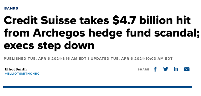 GrahamStephan's tweet photo. Here are some examples:
- In 2017, CS agreed to pay a $5.3B fine for overvaluing mortgage securities during the 2008 financial crisis.
- In 2014, they paid $2.6B in fines for assisting US taxpayers in filing false returns.
- In 2021, they lost $4.7B in the Archegos debacle. https://t.co/u3uq2DyNyb