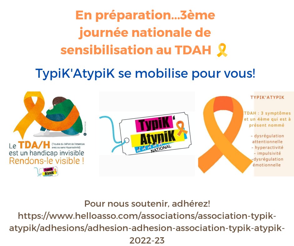 TypiKAtypiK's tweet photo. 🎗️ 3ème journée nationale de sensibilisation au #TDAH 
Initiée et pilotée par @UneTdah et @TypiKAtypiK
N'hésitez pas à nous rejoindre!
@typikatypik33  @TdahAgeAdulte @TDAH_Memes @AnneJuguet @DrHerveCaci @AdrienDevyver @nathalie_sacco @nathaliefranc2 https://t.co/hJYV7ztwyI