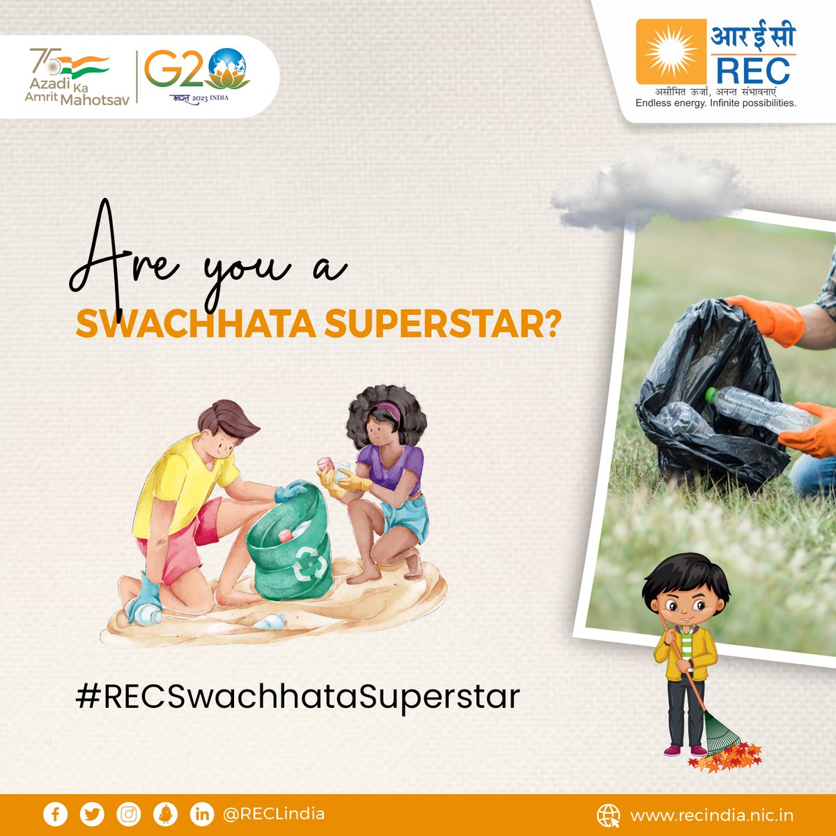 RECLindia's tweet photo. Share your story and inspire fellow humans. At home, neighbourhood, workplace or city, if your action has brought positive changes in the environment, then you are our #Swachhata Superstar! Participate &amp; win exciting rewards.

Add #RECSwachhataSuperStar to your post and tag us. https://t.co/2y2VCyVEQz