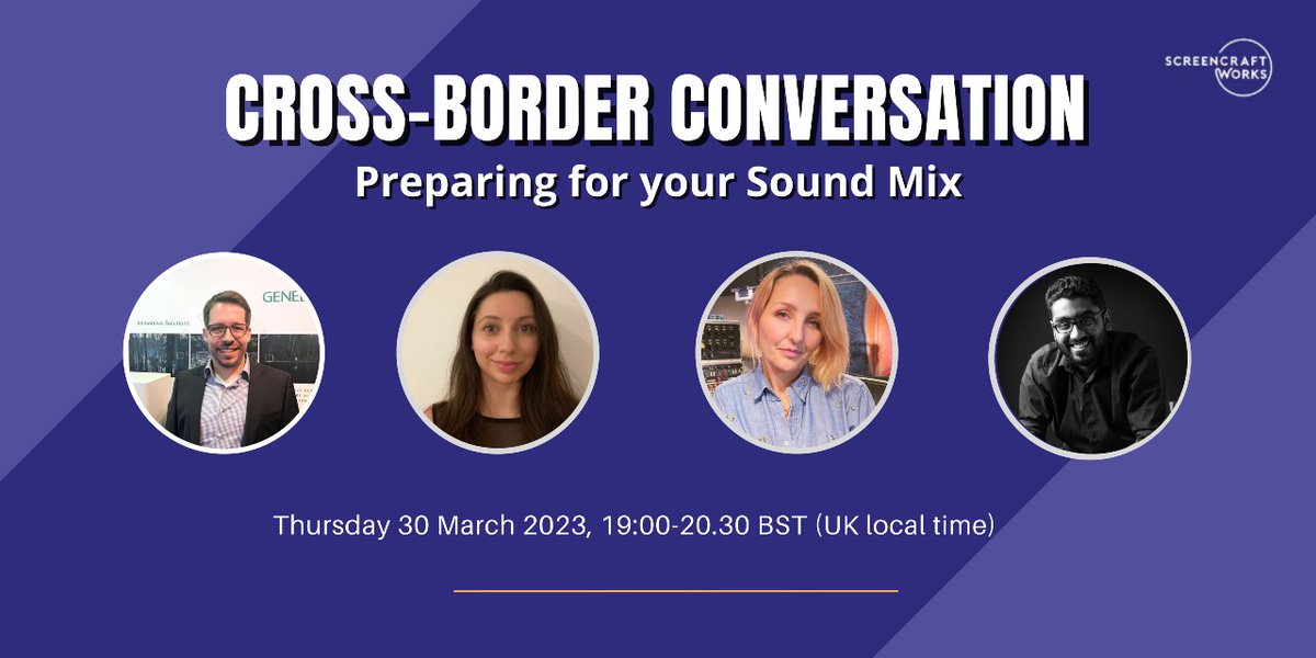 Just a week to go until our next Cross-Border Conversation on Preparing for Your Sound Mix, with #EricHorstmann <a href="/Genelec/">genelec</a> , <a href="/EmmaButtSound/">Emma Butt Sound</a> , <a href="/lizhorsman/">Liz Horsman</a> &amp; #ArnoldAntony. Sign up free: eventbrite.co.uk/e/cross-border…