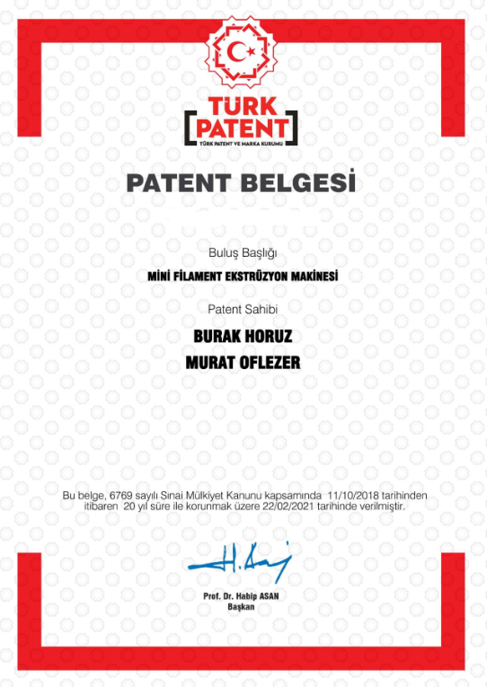 3dfilamex's tweet photo. Ekim 2018'de yapmış olduğumuz patent başvurumuzun Türk Patent ve Marka Kurumu tarafından olumlu sonuçlandığını ve "Mini Filament Ekstrüzyon Makinesi" buluşumuzun tescil edildiğini büyük bir sevinçle duyurmak isterim. https://t.co/sWGbqGHyqS
