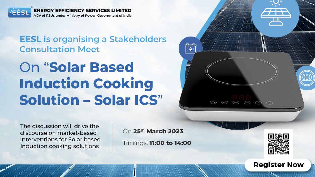 EESL_India's tweet photo. We're hosting a Virtual Stakeholder Consultation Meet at 11:00 am on 25th March 2023 to discuss opportunities for #solar-based induction cooking solutions, &amp; how #carbonfinancing can be leveraged as a viable &amp; #sustainable financing model. Register here: https://t.co/oKLaskihAr https://t.co/GmJa0MhAYg