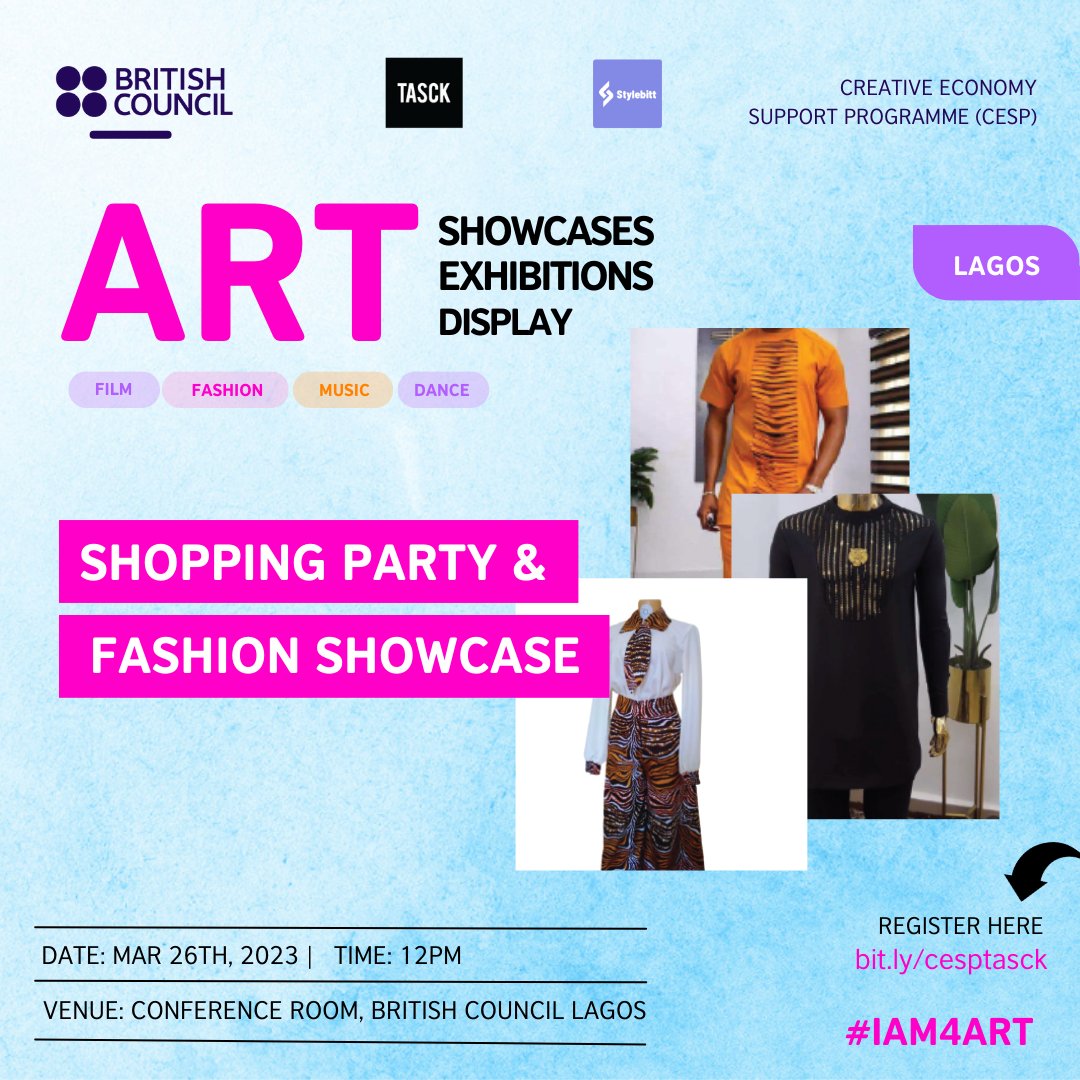 Come join us this Sunday, March 26 2023 

at the ART Showcase and Exhibition Events, sponsored by the @ngbritisharts and @thisistasck.

We will be participating in the Fashion show and a host of other activities lined up for the day.

To attend, visit the link on the flyer.