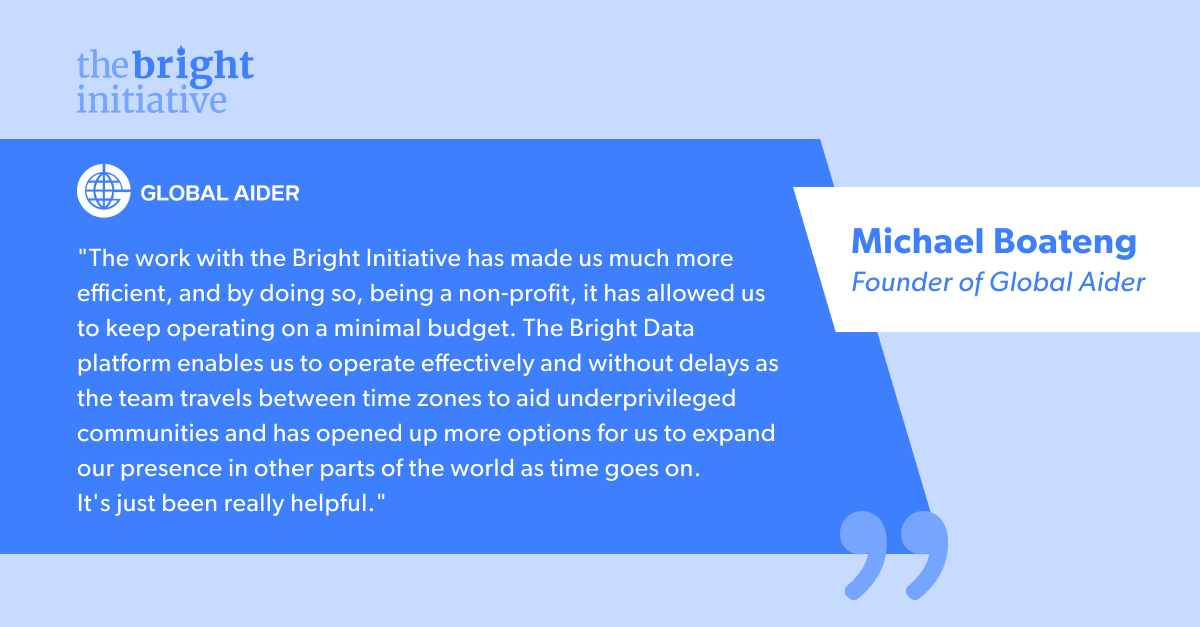 bright_init's tweet photo. Global Aider fights poverty through education &amp; sensitization. With our partnership, they use @bright_data to overcome geographic restrictions &amp; access essential websites while traveling between underprivileged communities worldwide. https://t.co/ePVJ7xN8o3
