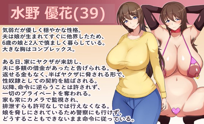 借金人妻奴隷の優花さん娘を守る為に堕ちていく可哀想なオリキャラ未亡人人権無視な尊厳破壊系のハードな調教モノを描いていく予定です 