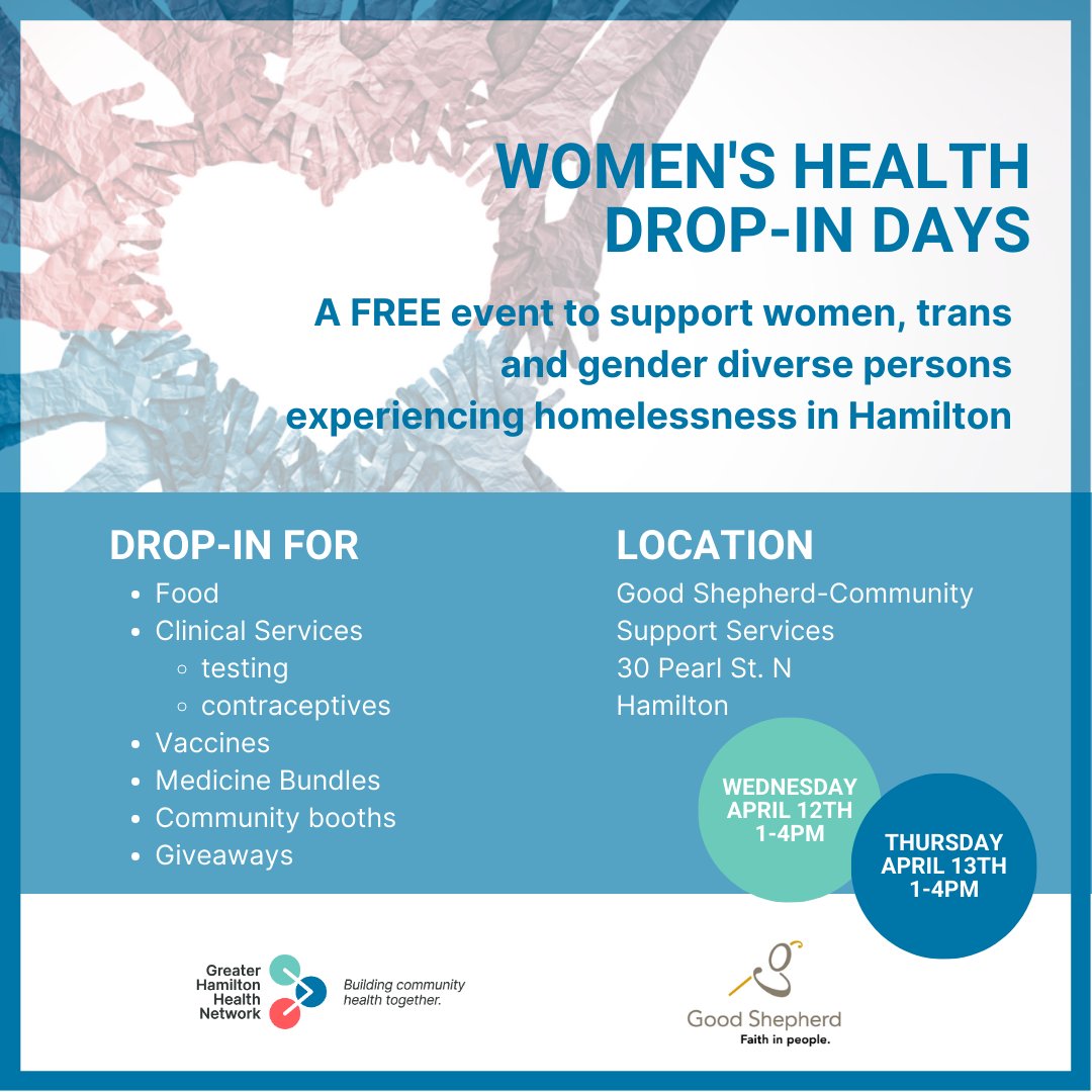 Do you work with women, trans, and gender diverse individuals experiencing homelessness in #Hamilton? Our upcoming Women's Health Days offer an opportunity to access barrier free health and wellness services to those who may not access traditional models of healthcare. See below: