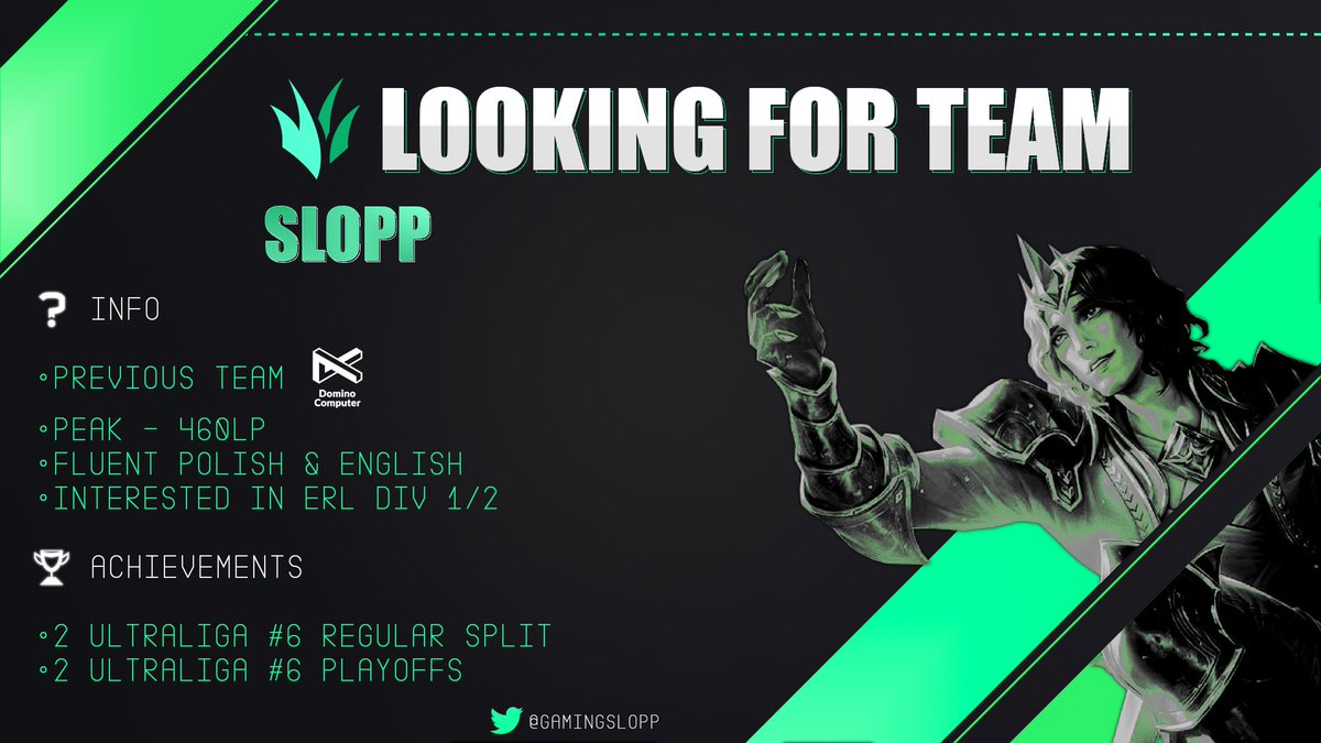 After my rookie split with <a href="/DominoComputer/">Domino Computer</a> in 2 Ultraliga im LFT.

Mainly looking for ERL 1/2, but I will consider any offer.

My POVs and any other info are available upon request via DM.

References: <a href="/PainxCoach/">Bulx</a>, <a href="/maku_kujawa/">Mateusz MaKu Kujawa</a>, <a href="/respite_lol/">Respite</a>, <a href="/Badlyyga/">Badlyyga</a> 

♥️ and 🔃 appreciated.