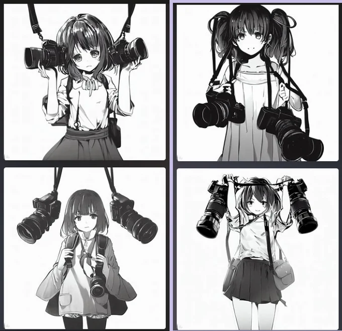 ちょっと単語を変えると「どこかからカメラがぶら下がってる」絵だったり「ツインテールに直接カメラが下がってる」みたいな絵を出してきたり。まぁ難しいなぁ・・・ 