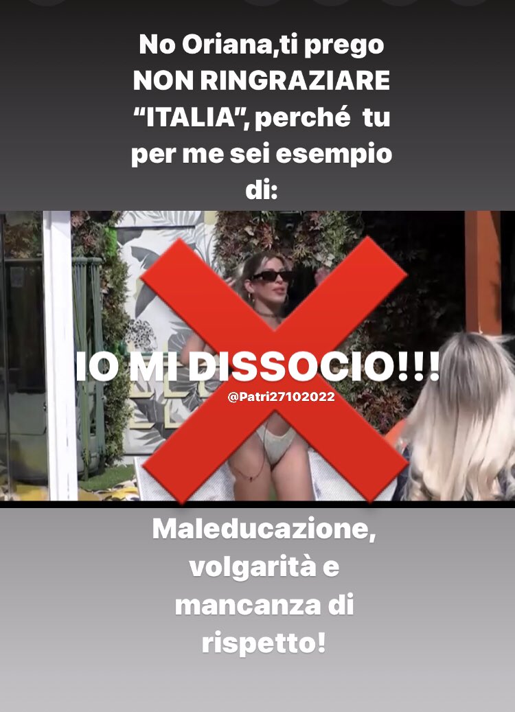 Patri27102022's tweet photo. No cara Oriana! Vacci piano che nessuna nazione ti ama e ti stima come concorrente del @GFVIP_Official Anzi!!! Hai dato uno dei peggiori esempi di cosa vuoldire “educazione,rispetto e la non volgarità” (Orietta Berti non ci ha capito ‘na mazza) #GFVIP #gfvip #iomidissocio https://t.co/rFhKtcW3pP