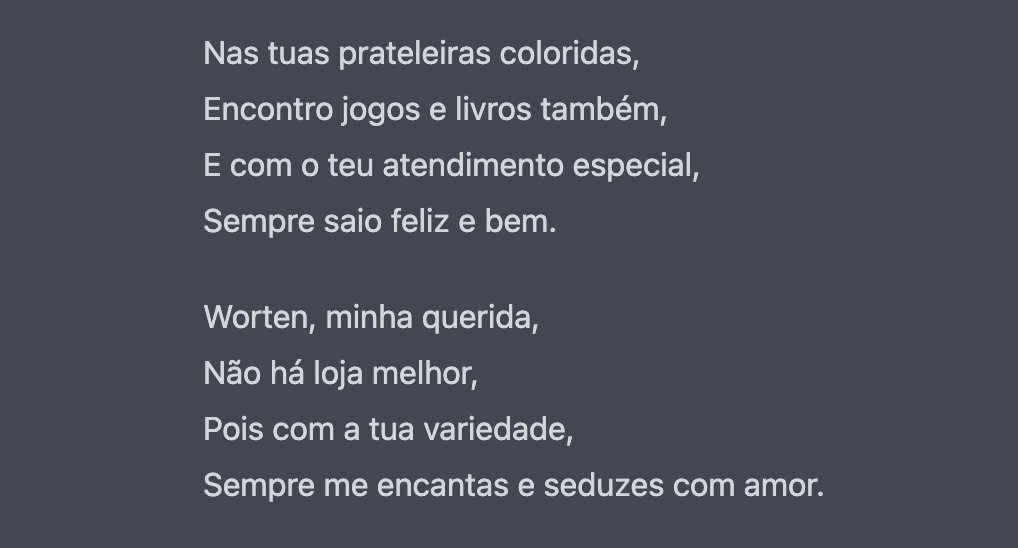 WortenPT's tweet photo. Pedi ao ChatGTP para escrever um poema sobre a Worten... Não adorei. Ofereço um prémio a quem fizer um melhor. ✍️🧐 https://t.co/KKE86dTtvG