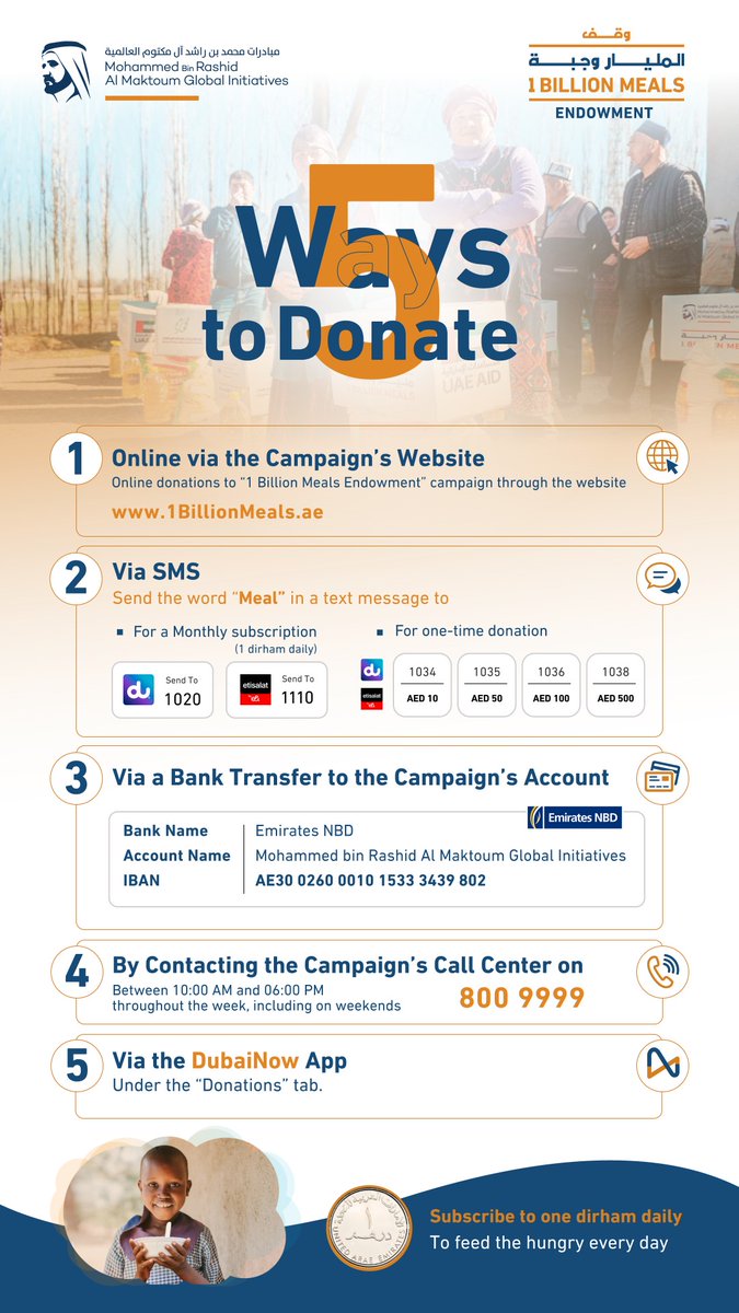 ‘1 Billion Meals Endowment’ campaign dedicates 5 easy channels for individuals, institutions to contribute
#WamNews  
wam.ae/en/details/139…