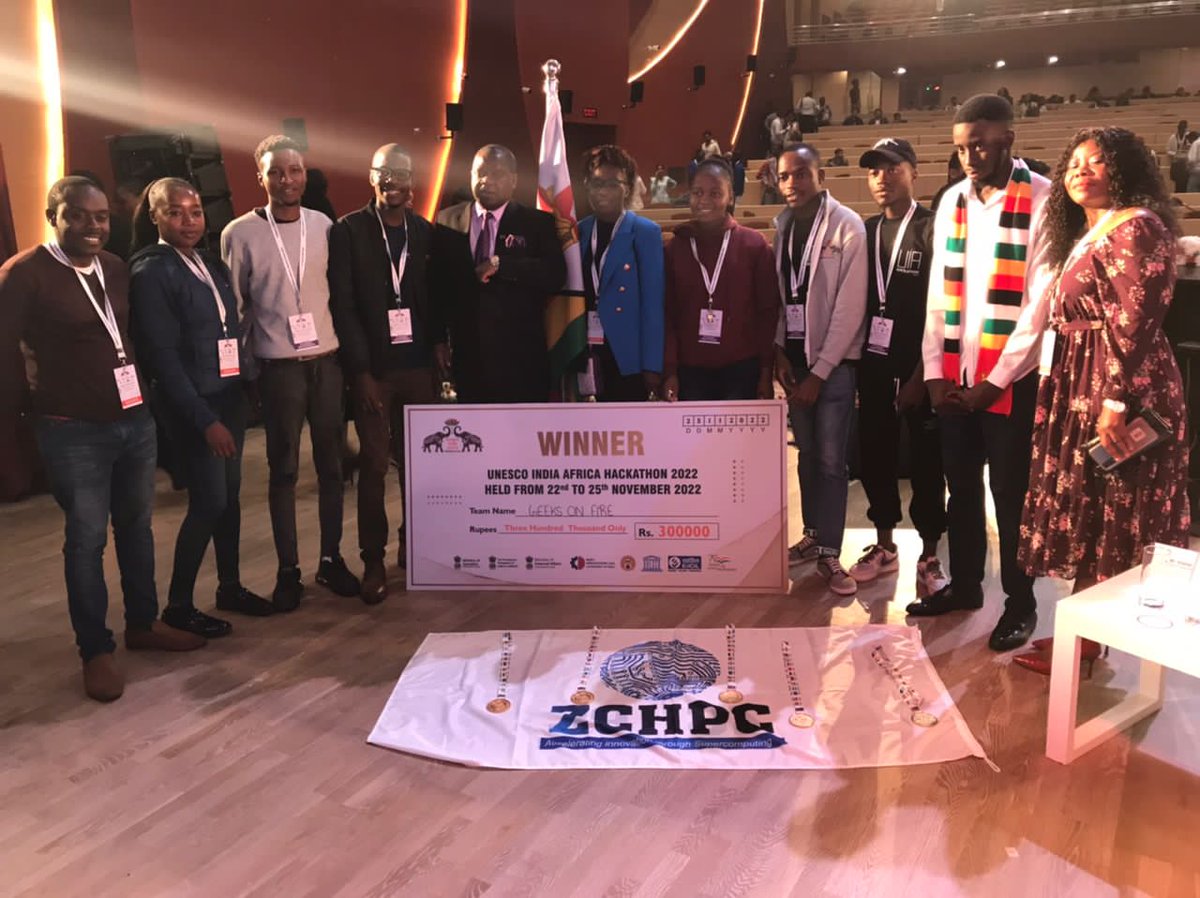 ZCHPC_Zimbabwe's tweet photo. 18 Zimbabwean students went to India to participate at an educational Hackerthon program with their one spoc Mrs Maria Adriano and three mentors from ZCHPC. Five students from Zimbabwe scooped gold medals. https://t.co/1jrCKGfG3M