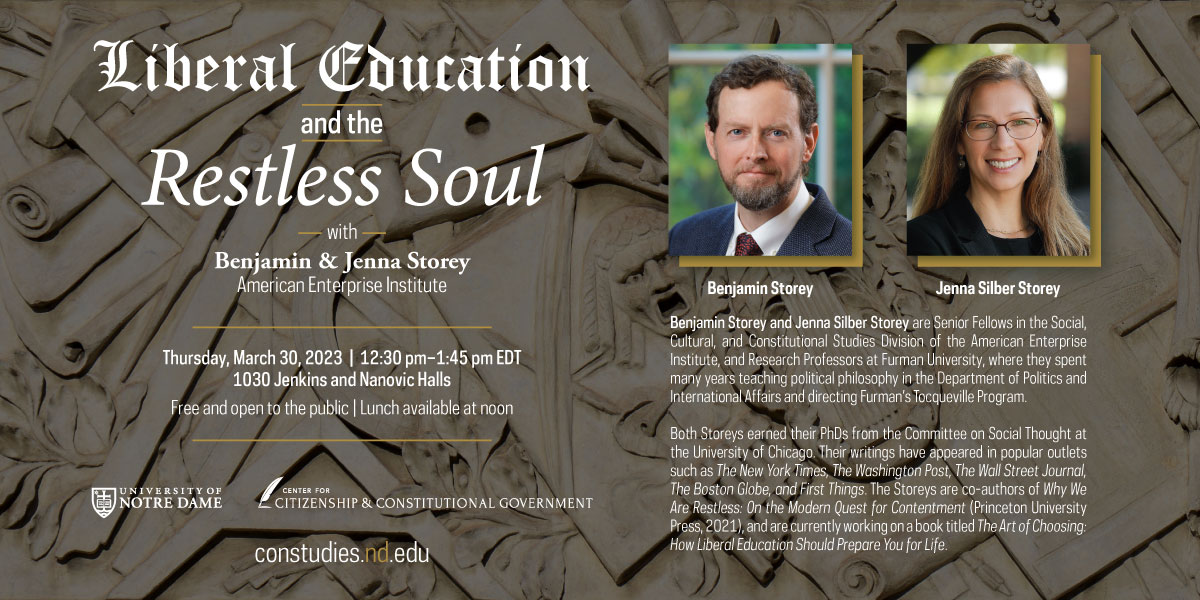 NDConStudies's tweet image. Benjamin Storey and Jenna Silber Storey are co-authors of "Why We Are Restless: On the Modern Quest for Contentment," and are working on a book about #LiberalEducation and #civic life.

CCCG is excited to welcome Ben and Jenna next week for their lecture:

constudies.nd.edu/events-news/ev…