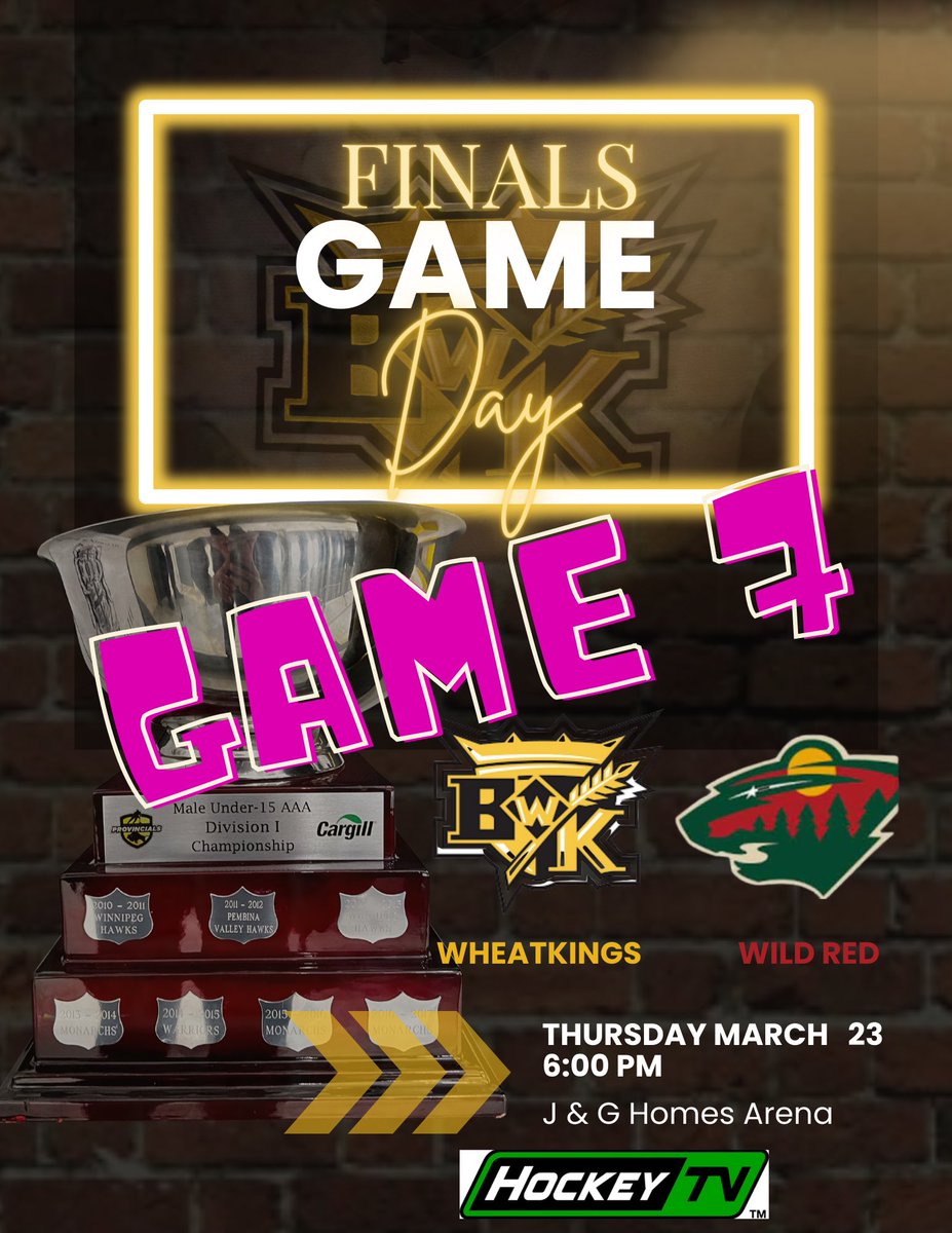 A champion will be crowned tonight, let’s fill the rink and cheer on the Wheatkings as they battle Wild Red in a winner take all game 7 6pm at <a href="/jandghomesltd/">J&G Homes Ltd.</a> arena 

#aaahockey #u15aaa #wheatkings #hockeymanitoba #hockeybrandon <a href="/hockeybrandon17/">Hockey Brandon</a> #ourtime <a href="/ApplesHockey/">Apples Hockey</a>