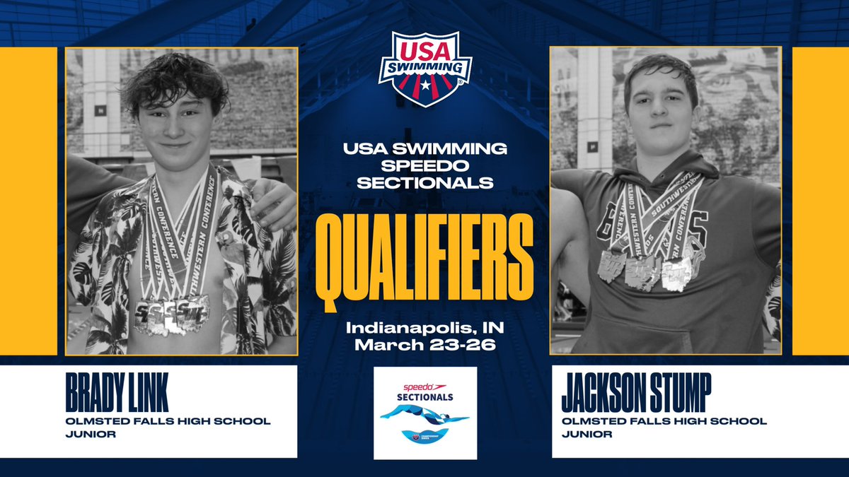 Best of luck to OFHS juniors Jackson Stump and @BradyLink9 as they qualified to compete against approximately 850 @USASwimming competitors over the next four days at Speedo Sectionals, an elite-level, long course event.  iunat.iupui.edu/speedo-section…