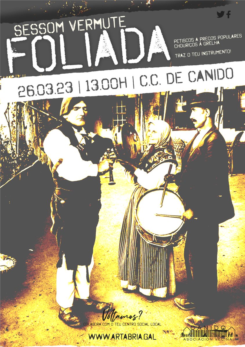 🔊 Agenda ártabra para a fim de semana. Anota‼️

👉 Homenagem a Carvalho Calero 
📅 25 de março 
🕒 18h
📌 Rua Sam Francisco

👉 Sessom Vermute Foliada
📅 26 de março
🕒 Desde as 13h
📌 Centro Cívico de Canido