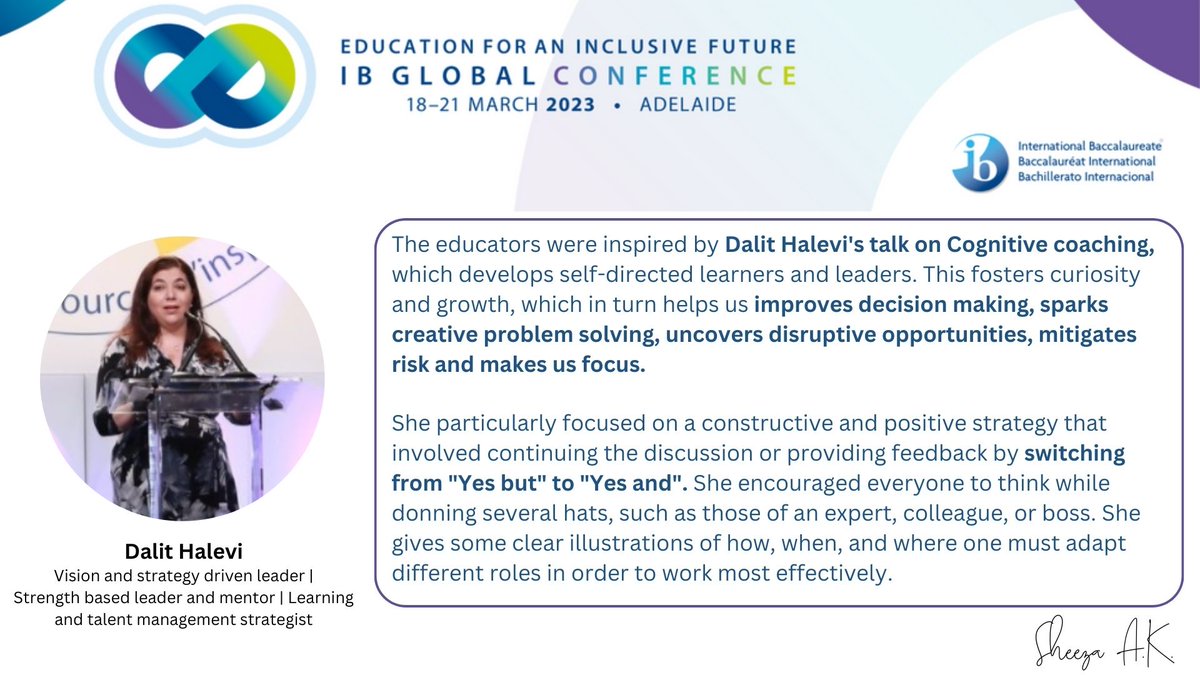 Sheeza2211's tweet photo. The educators were inspired by @Dalit_Halevi's 
 talk at  #IBGC2023 on Cognitive coaching, which develops self-directed learners and leaders with the disposition of continuous, lifelong learning! https://t.co/PvKcRcjXt7