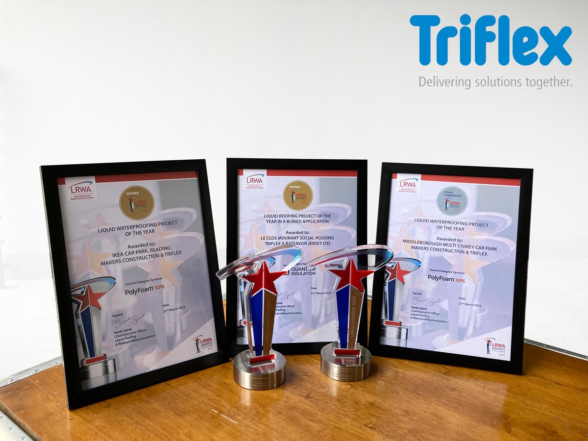 We're all still excited! Le Clos Mourant won Liquid Roofing Project Of The Year In A Buried Application, Ikea Car Park in Reading won Liquid Waterproofing Project Of The Year and Middleborough Car Park came runner-up!

#Triflex #LRWA #Awards #LRWAAwards2023 @LRWAssociation