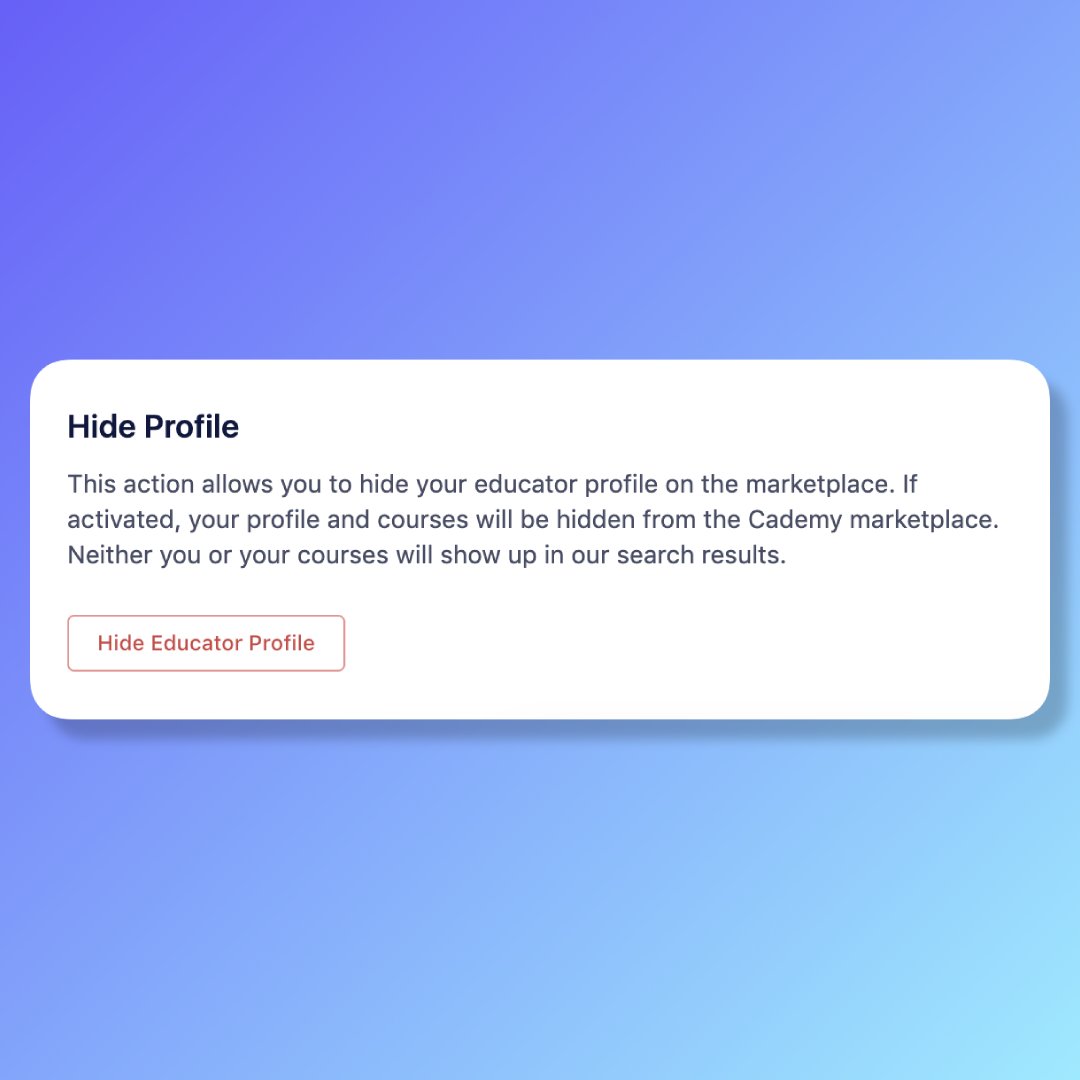 📣 Exciting New Feature Alert!
Cademy now offers the option to 'Hide Profile from the Marketplace'! 👻 
Want more control over your visibility? This feature is perfect for you! 
Check this article out for more info: buff.ly/3z3l3J3 

#PrivacyControl #NewFeature #Cademy