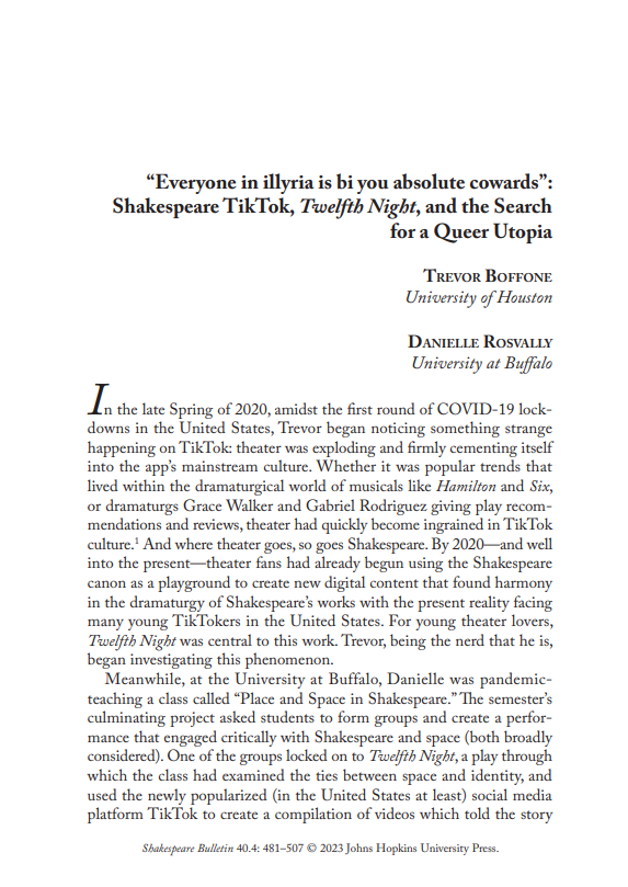 ShaxBull's tweet photo. First up, we are delighted to share @TrevorBoffone and @DRosvally ongoing work on TikTok cultures, with an article focusing on the development of queer utopia in TikTok space, coalescing around Twelfth Night. https://t.co/gAvudb0J1v /2 https://t.co/Vo88RXmFfL