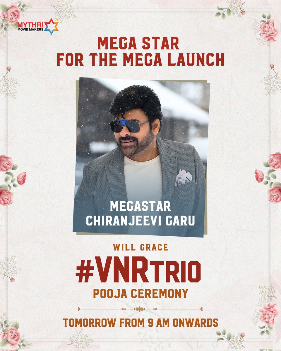 TrendNITHIlN's tweet photo. The Grand Launch of #VNRTrio movie will be graced by the one and only Megastar Chiranjeevi Garu ❤️‍🔥

Pooja Ceremony Tomorrow 💥

@actor_nithiin @iamRashmika 
@KChiruTweets @gvprakash https://t.co/bx4AU8Npo5