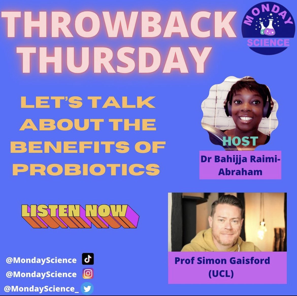 Throwback Thursday: What are the health benefits of probiotics? Join <a href="/DrBahijjaRaimiA/">Dr Bahijja Raimi-A</a> and @sgaisfordUCL  to discuss how important probiotics are for our health . #probiotics #MondaySciencepodcast <a href="/amazonmusic/">Amazon Music</a>