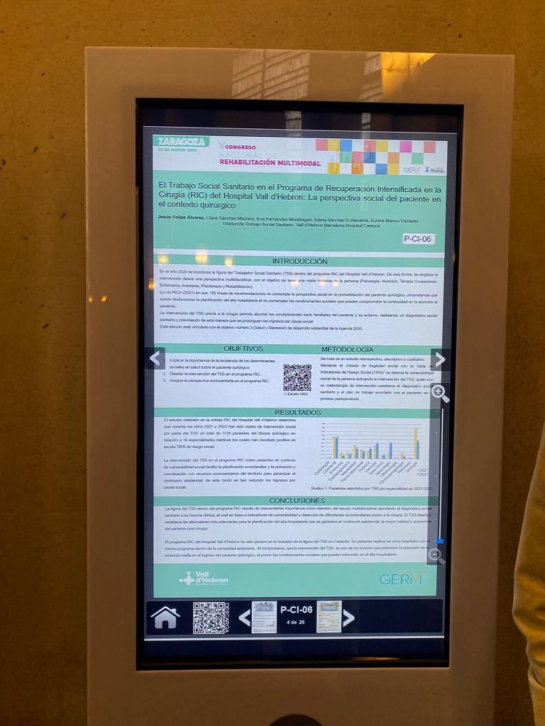 #TSSanitariHV participa el V Congreso de Rehabilitación Multimodal presentando el poster "TSS en el Programa RIC" perspectiva social del paciente en el contexto quirúrgico <a href="/Crisqfernandez/">Cristina Quesada</a> <a href="/EuniceBlaVa/">Eunice BlancoVázquez</a> <a href="/Elenasc20/">Elena Sanchez</a> @SoniaCavero <a href="/vcanovasqueralt/">Víctor Cánovas Queralt</a> <a href="/ClaraSaMar/">Clara Sánchez 🧏🏻‍♀️💪🏻🏥🤝</a> <a href="/vallhebron/">Vall d'Hebron</a> <a href="/mabarbaf/">MA Barba Flores</a>