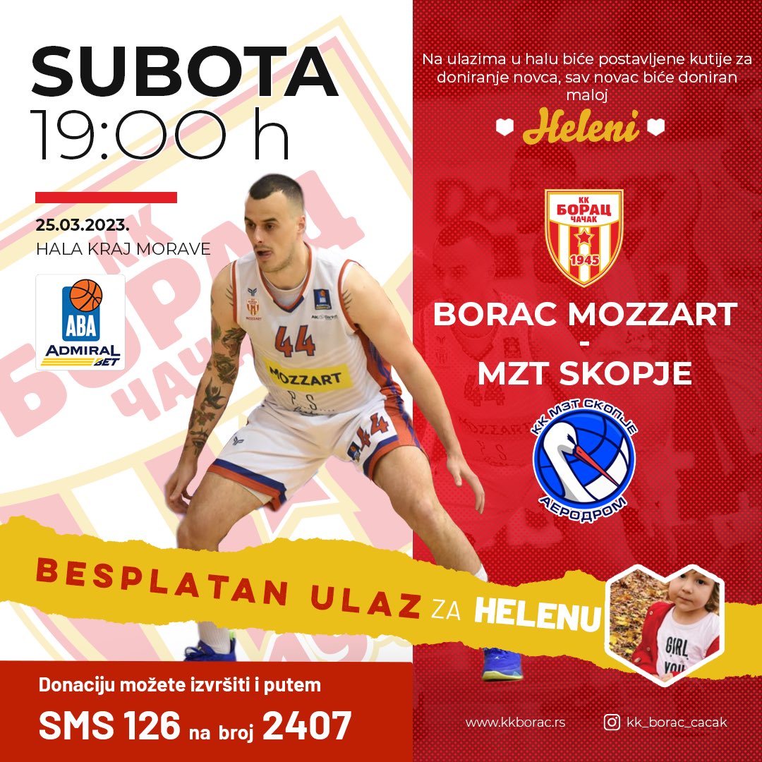 U subotu od 19h u hramu košarke naš tim igra najbitniju utakmicu ove sezone protiv <a href="/kkmztskopje/">MZT SKOPJE AERODROM</a> . Naš 6. igrač nam je izuzetno potreban, ulaz je besplatan, biće postavljene kutije za doniranje, a skupljena sredstva biće upućena za pomoć Heleni Živković. 
SMS 126 na 2407!