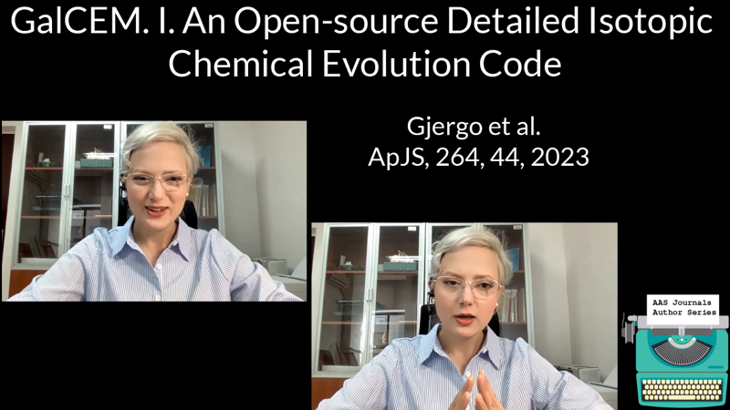 AAS_Office's tweet photo. NEW VIDEO! Eda Gjergo (Wuhan Univ &amp; Nanjing Univ) chats with Frank Timmes about her article on chemical evolution: https://t.co/LJgUEzMylX

The AAS Journals Author Series connects authors with their article, their human story &amp; the larger #astronomy community. #ExploreAstronomy https://t.co/gxG6pldTlZ
