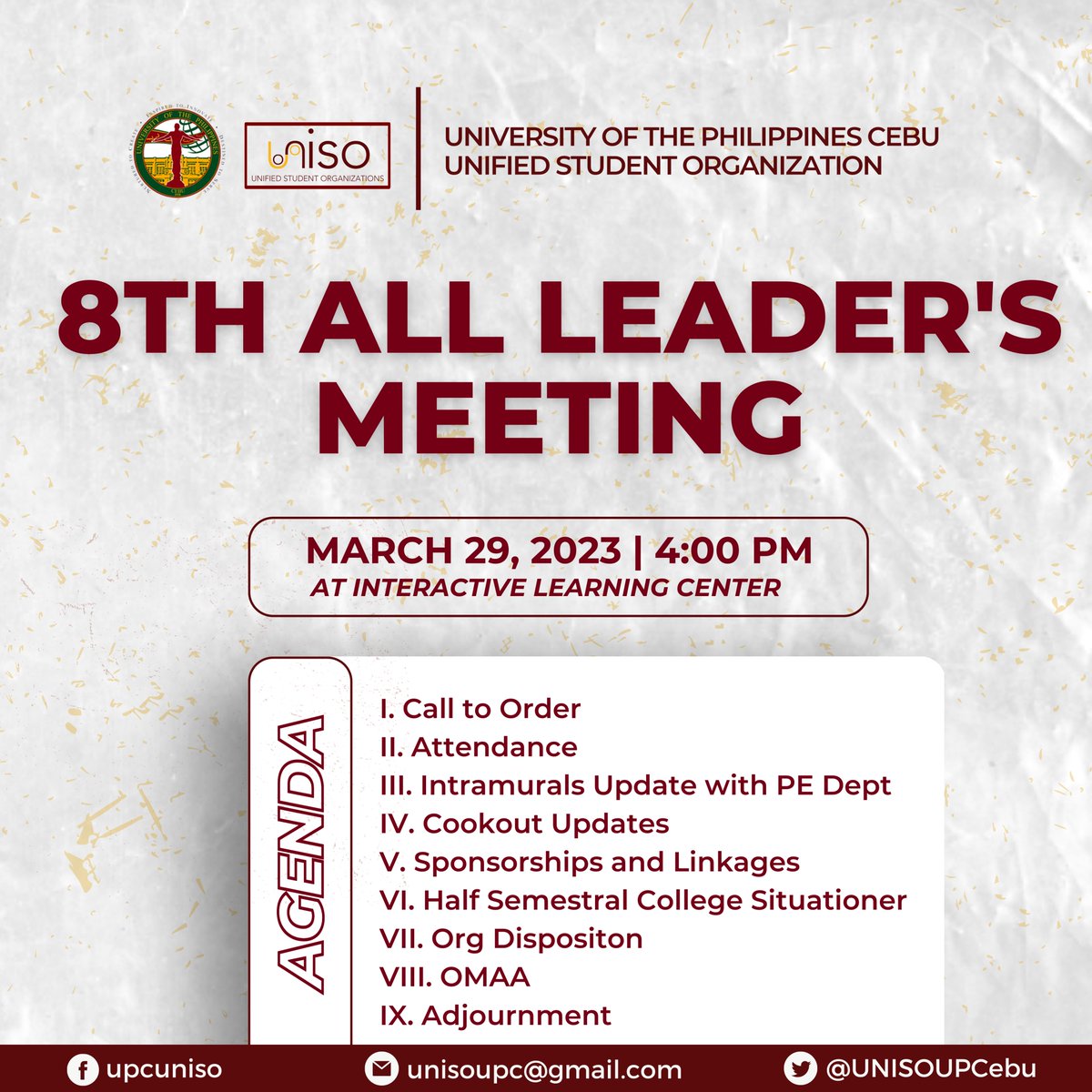 UNISOUPCebu's tweet photo. 𝗔𝗧𝗧𝗘𝗡𝗧𝗜𝗢𝗡 𝗔𝗟𝗟 𝗦𝗧𝗨𝗗𝗘𝗡𝗧-𝗟𝗘𝗔𝗗𝗘𝗥𝗦!  📣👀

There will be an All Leaders' Meeting this coming March 29, 2023 at 4:00 PM at the Interactive Learning Center.

Hoping to see you! Dugang Kadasig! 🌻✊❤💚
#UNISO2023 https://t.co/86dkXcGDai
