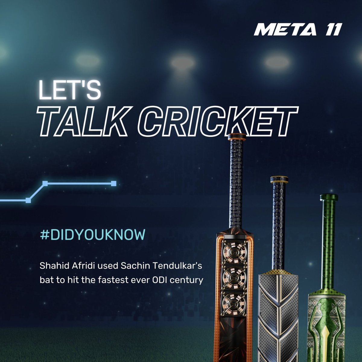 Here's what you know - Shahid Afridi made history by scoring the fastest ODI century in 37 balls. What you don't know - Afridi used the bat that actually belonged to Sachin Tendulkar. 
Interested in setting your own cricketing records? Join the meta 11 community today.

#meta11