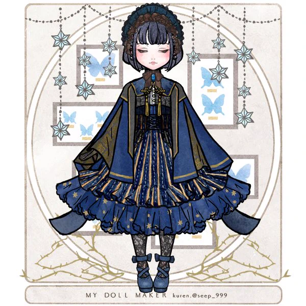 #MY_DOLL_MAKER の製作者である 様の許可をいただきましたので、先日までちくちく縫っていた衣装を着せたドール画像アップいたしますドール衣装が本当に可愛くて素敵で、拙宅の人形に着せたいとの一念発起で作りました4枚目がデザイン元にさせていただいたものです。青と金はいいぞ… 