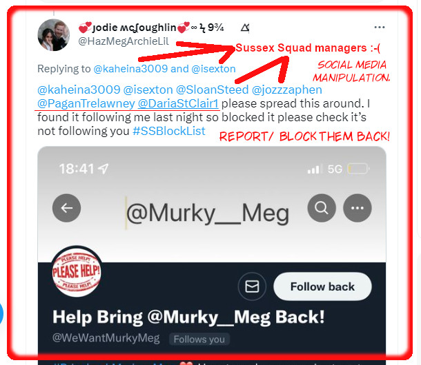 JDEadonWriter's tweet photo. @LostCuriously @WeWantMurkyMeg @AmericanlovesU @bisasb90 @lolamorrisons @elonmusk Meghan Markle's๐ Sussex Squad attacked his account. (This is platform manipulation).
Everyone, go to this tweet, report/block everyone in it and the sugars who reply.
Beat the sugars at their own evil game.
#MeghanMarkleExposed
#HateSquad https://t.co/Iy5Mfs7uav