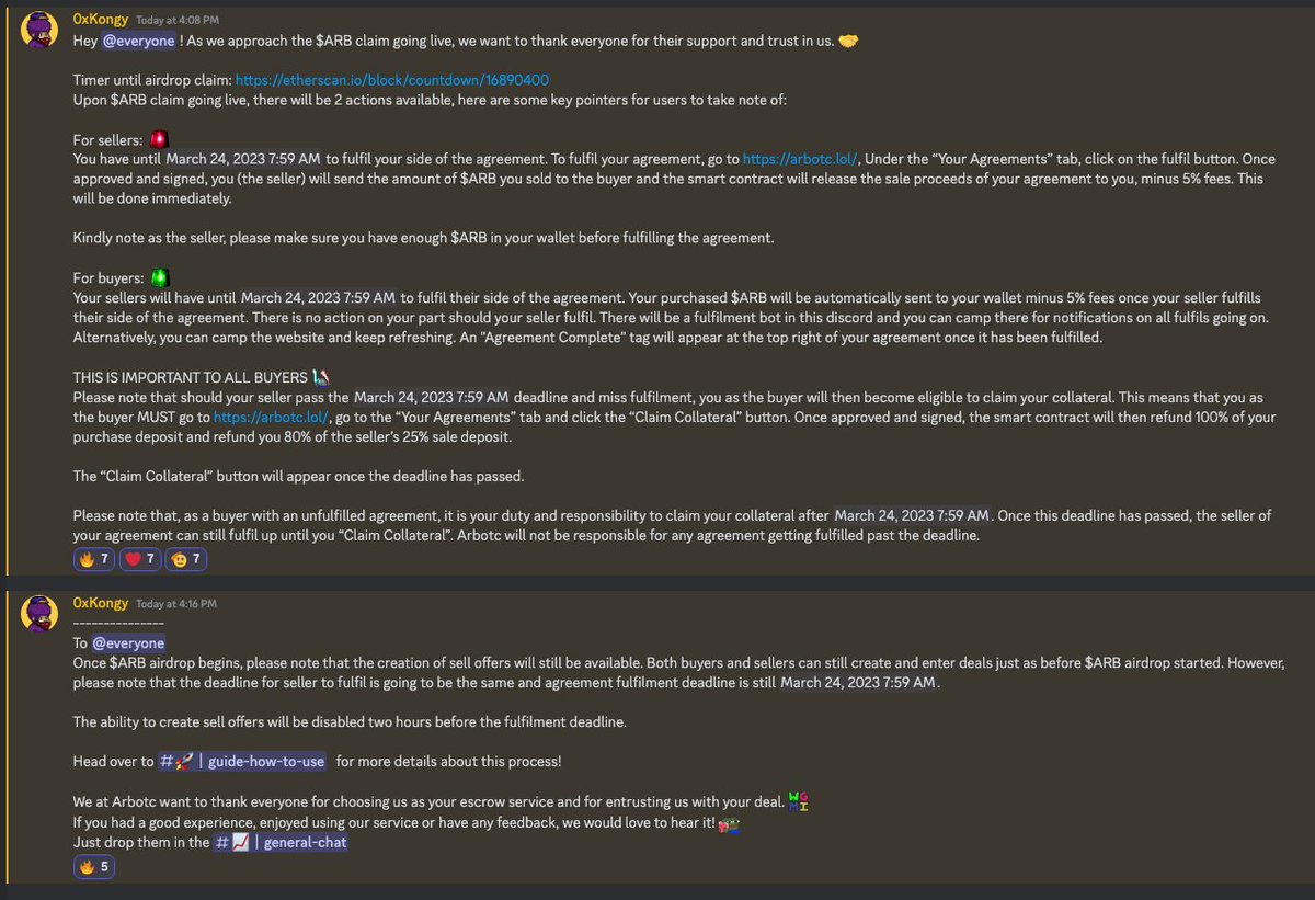 Hey <a href="/arbotcdesk/">$ARB OTC Desk at https://arbotc.lol/</a> users. Please check announcements in discord on how everything from $ARB airdrop time to Agreement fulfilment time will be handled. 

discord.gg/MzTGgMryb9