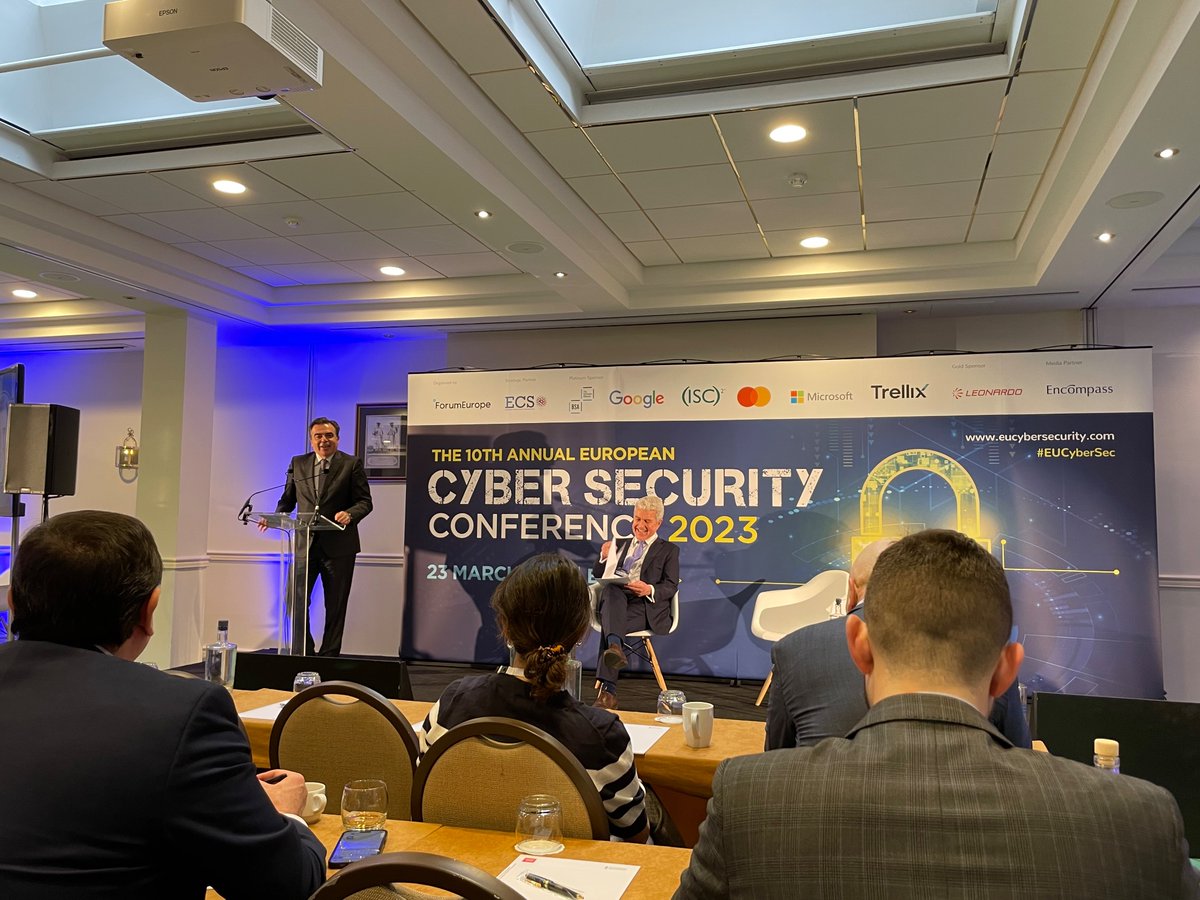 I’m very pleased to attend the 10th Annual European Cybersecurity conference organized by #ForumEurope. Seems like 1st session took place yesterday. (Picture: @MargSchinas’ keynote speech). #cybersecurity #NIS2 #CyberResilienceAct #EUCyberSec