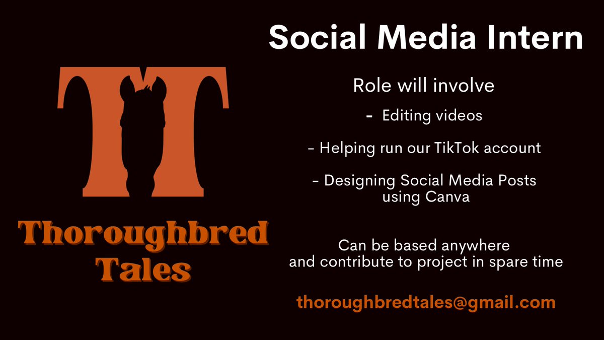 #ThoroughbredTales is looking for a Social Media Intern to help us promote the positive stories behind the global racing and breeding industry. 
Would suit student interested in racing and learning more about social media marketing, video editing and graphic design