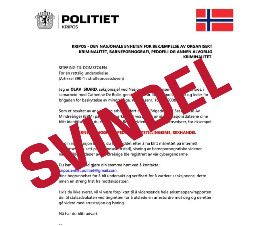 Kripos_NCIS's tweet image. 🚨 Den siste tiden er det mange som har rapporterert at de har fått e-post fra Nasjonalt cyberkrimsenter (NC3) på Kripos. 

Dette er forsøk på svindel. E-postene er ikke sendt fra Kripos. Hvis du mottar en slik e-post, så kan du bare slette den.