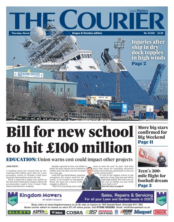 The Courier (@thecourieruk) on Twitter photo Good morning from The Courier.
Today's Angus & Dundee edition leads with a new cost estimate for Dundee's new East End Community Campus.
The initial £60m price tag has rocketed to £100m - £20m more than the V&A Museum.
<a href="/JakeKeith_/">Jake Keith</a> has the latest: ow.ly/9eS250NpO7b Good morning from The Courier.
Today's Angus & Dundee edition leads with a new cost estimate for Dundee's new East End Community Campus.
The initial £60m price tag has rocketed to £100m - £20m more than the V&A Museum.
<a href="/JakeKeith_/">Jake Keith</a> has the latest: ow.ly/9eS250NpO7b