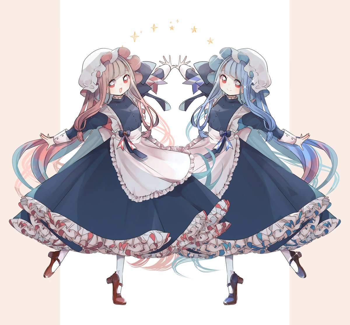 kotonoha akane ,kotonoha aoi multiple girls 2girls sisters siblings long hair mob cap blue hair  illustration images