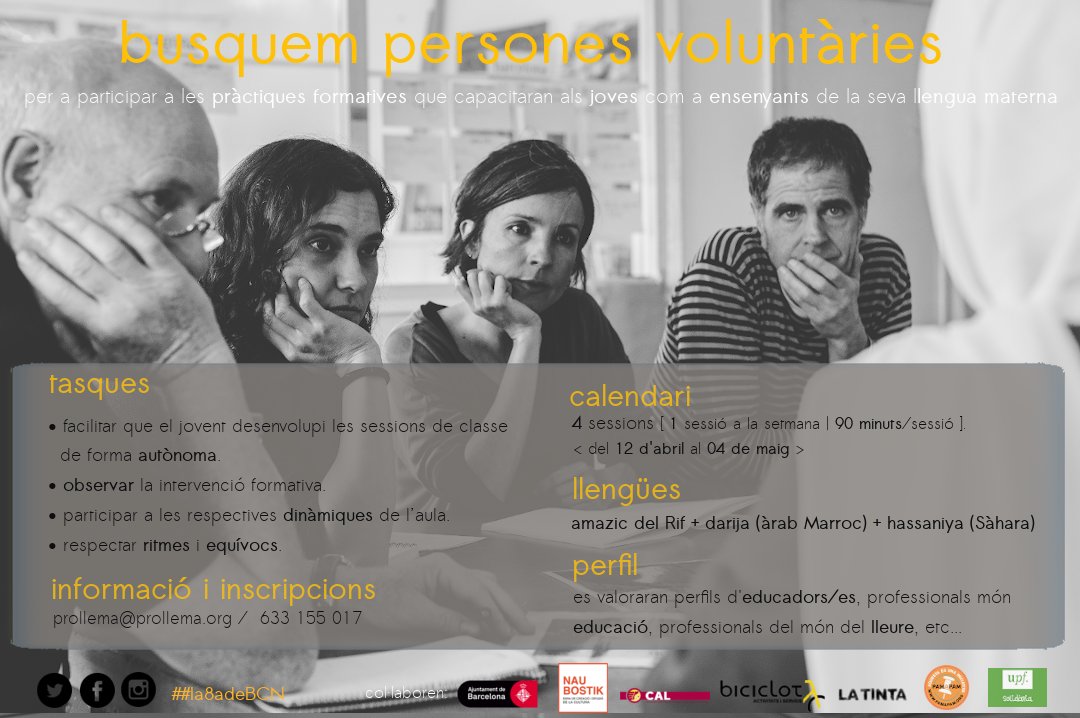 tancant mes,primavera iniciada i...#pràctiques_formatives💃

l'equip de joves BCN cerca #persones_voluntàries per efectuar ACOMPANYAMENT a la fase final de la capacitació durant 4 sessions les tardes d'abril i maig.

participes?bit.ly/3LIB8LJ

#amazic #darija #hassaniya