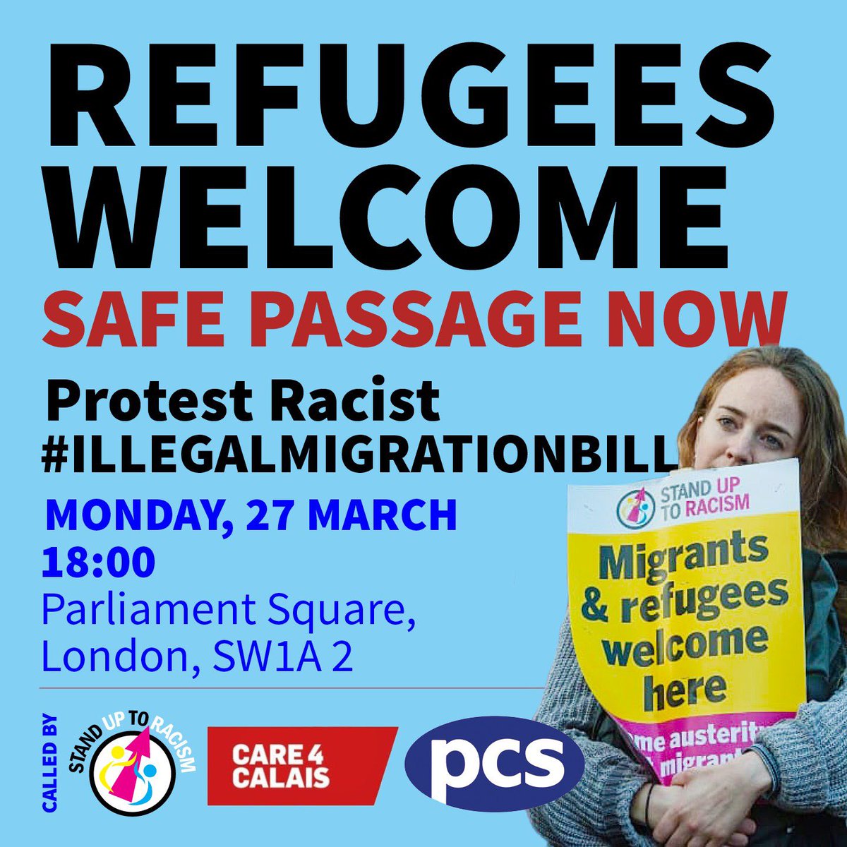 Say no to the #RefugeeBanBill 

Support the #SafePassageNow amendment 👉🏿 bit.ly/3z6jNVj

Demonstrate to say #RefugeesWelcome 

Monday 27 March, 6pm, Parliament Sq, London 

Show your #Solidarity with #Refugees 

#IllegalMigrationBill