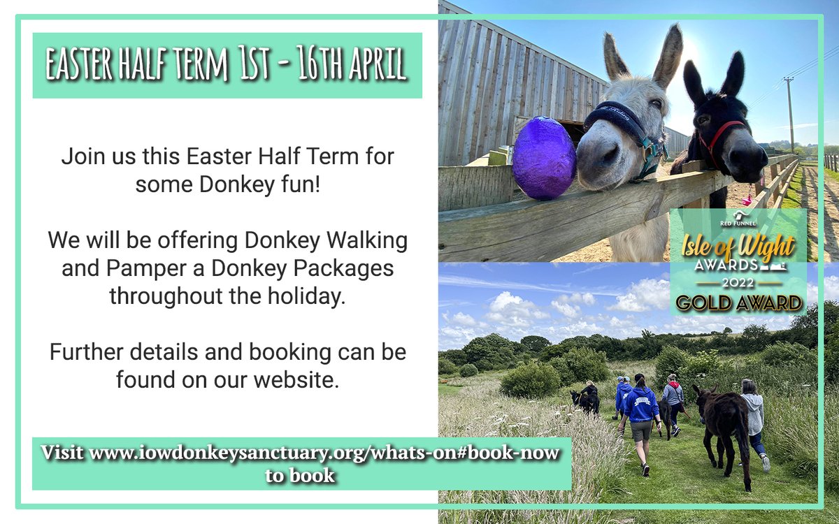 Easter Half Term activities start today! Come and join us for some Donkey Walking or Pamper Packages. Details and booking can be found on our website iowdonkeysanctuary.org/whats-on

#halfterm #Easter2023 #donkey #iowdonkeys